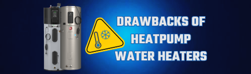 The image shows a blog banner with a heat pump water heater and the words "drawbacks of heat pump water heaters"