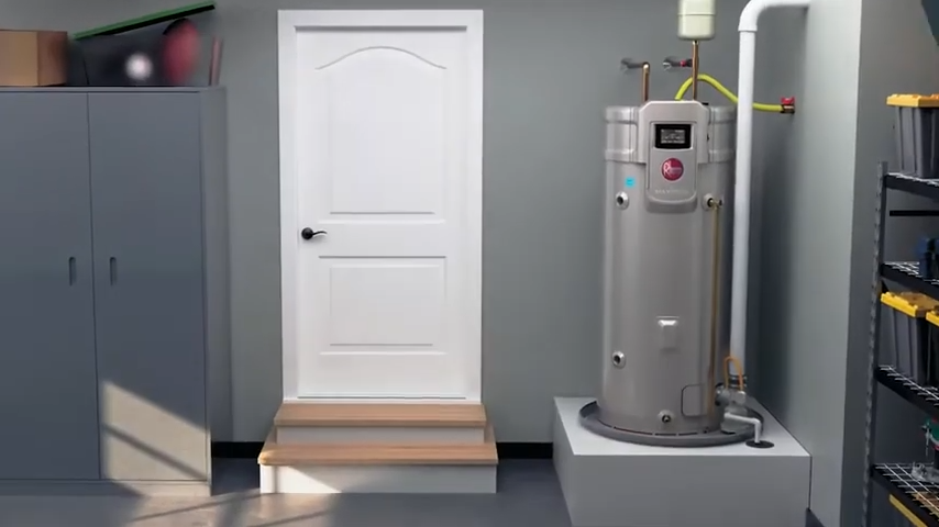 The image shows a Rheem tank-style water heater installed inside the garage of a home.