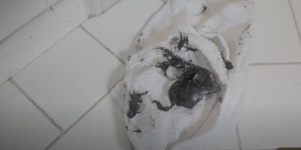 The image shows gunk that was stuck inside a shower drain.