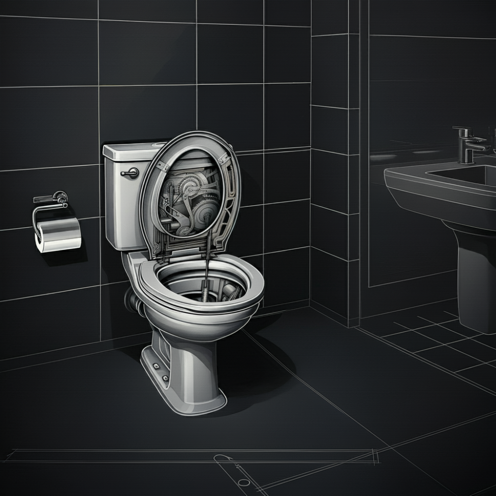 The image shows an AI-generated picture of a toilet blueprint within a home's bathroom.