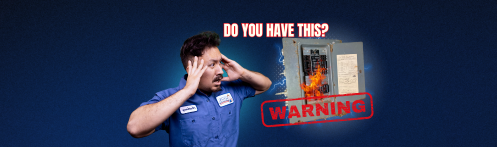 The image shows a technician staring in panic at an electric panel.