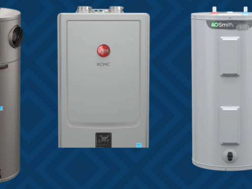 The image shows a conventional water heater on the left, a tankless water heater in the middle, and a hybrid water heater on the right with a blue background.