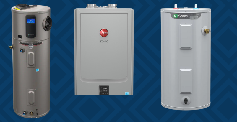 The image shows a conventional water heater on the left, a tankless water heater in the middle, and a hybrid water heater on the right with a blue background.