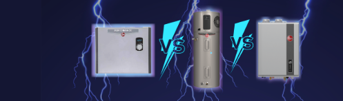 The image shows electric tankless, conventional, and heat pump water heater.