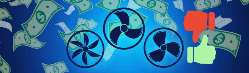 The image shows three different fan designs with bills in the background and one thumb pointing up and one pointing down.