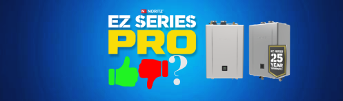 The image shows the logo of the Noritz EZ PRO series with a picture of it to the right, and a green thumb pointing up and a red thumb pointing down next to it.