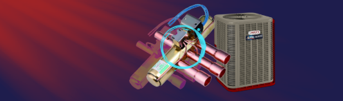 The image shows a graphic of a heat pump and its internal heating component.